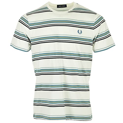 Fred Perry Camiseta para hombre M5607 blanca con rayas y cuello redondo de algodón regular Fit PE23, blanco, L